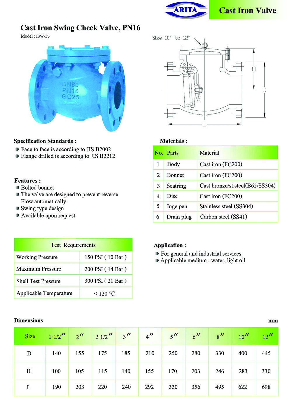 ARITA Cast Iron Swing Check Valve PN16 Unimechthailand